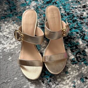 Stuart Weitzman Metallic Gold Buckle Slide Heels
